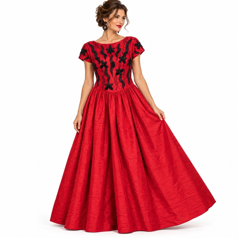 Vintage Rickie Freeman For Teri Jon Silk Taffeta Dress 14 Red Floral Cocktail